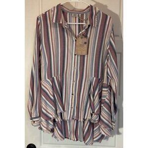 True Craft Multi Color Stripped Layered Raw Edges Hi/Lo Long Sleeve Top 0X